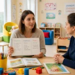Futures éducatrices de jeunes enfants échangeant autour d’un carnet dans une salle d’activités lumineuse et accueillante