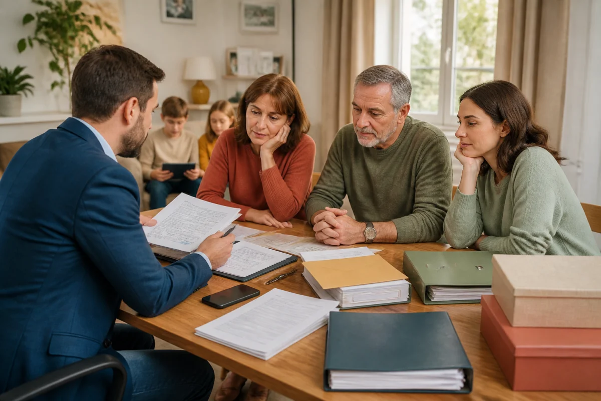 Famille recueillie échangeant avec un conseiller funéraire sur les formalités après décès autour de documents administratifs
