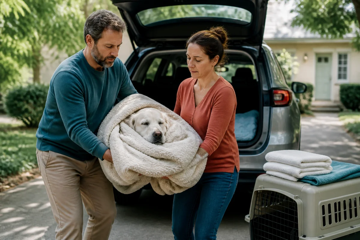 Deux adultes transportent doucement un chien décédé enveloppé dans une couverture vers une voiture familiale