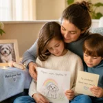 Famille réunie dans un salon chaleureux pour accompagner le deuil d’un chien âgé, autour d’un coin souvenir tendre