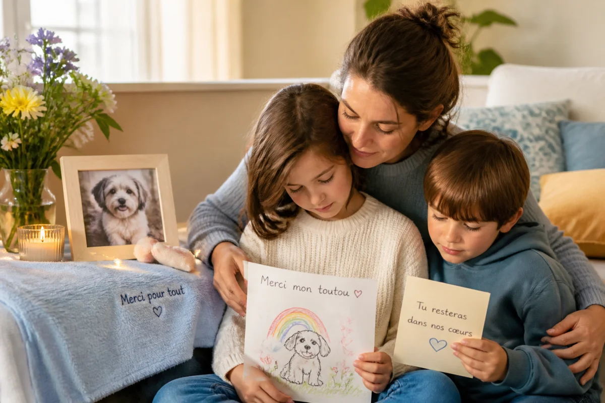 Famille réunie dans un salon chaleureux pour accompagner le deuil d’un chien âgé, autour d’un coin souvenir tendre