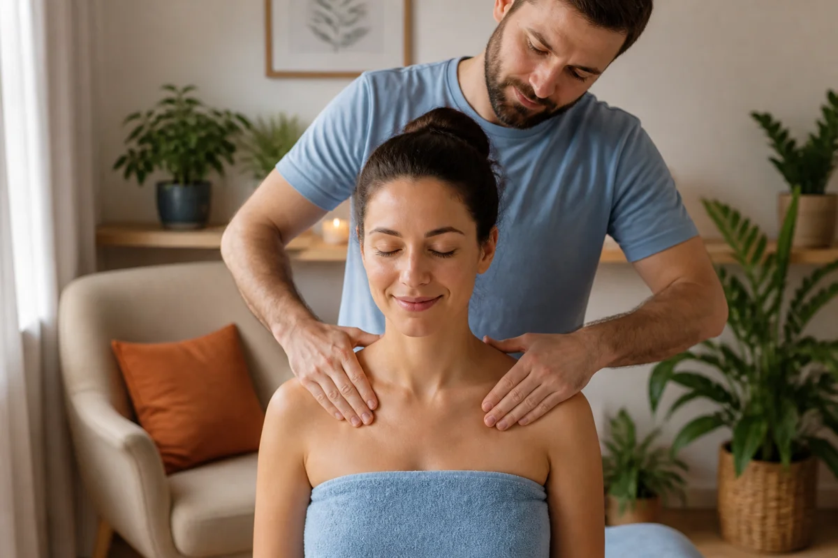 Massage du dos pour se détendre à domicile, avec gestes doux sur les épaules dans une ambiance chaleureuse et apaisante