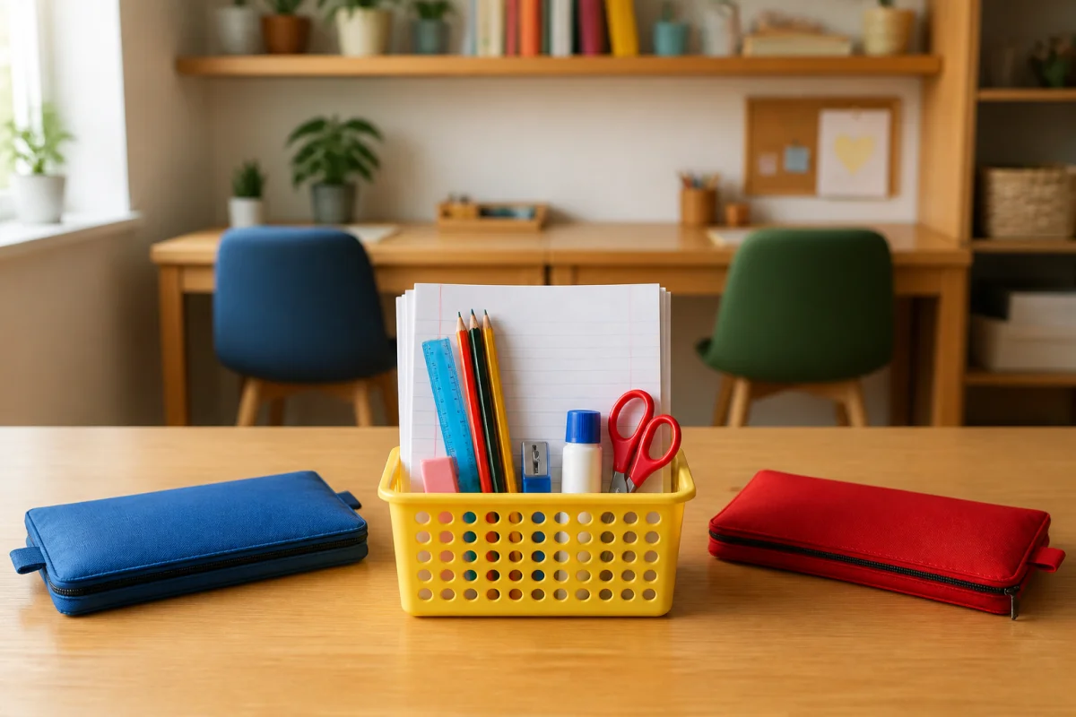 Panier de fournitures scolaires organisé dans un espace de travail familial, illustrant l’organisation des devoirs à la maison