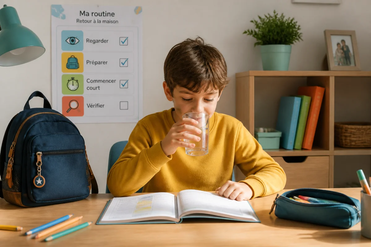 Enfant commence sereinement sa routine d’organisation des devoirs à la maison, consultant son cahier de textes au bureau familial.