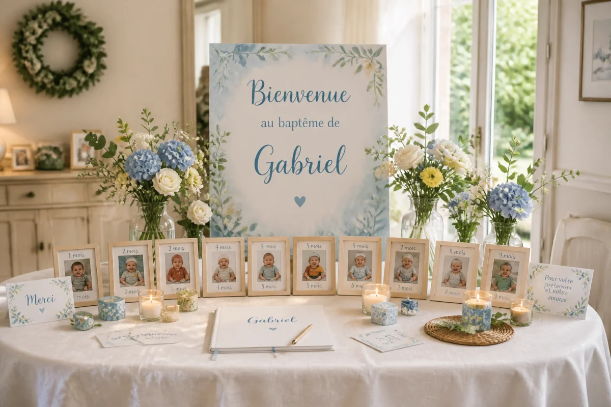 Table de réception familiale préparée pour organiser un baptême en famille, avec fleurs, photos et panneau personnalisé.