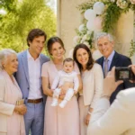 Famille réunie autour d’un bébé après le baptême, illustrant une organisation familiale sereine et chaleureuse.