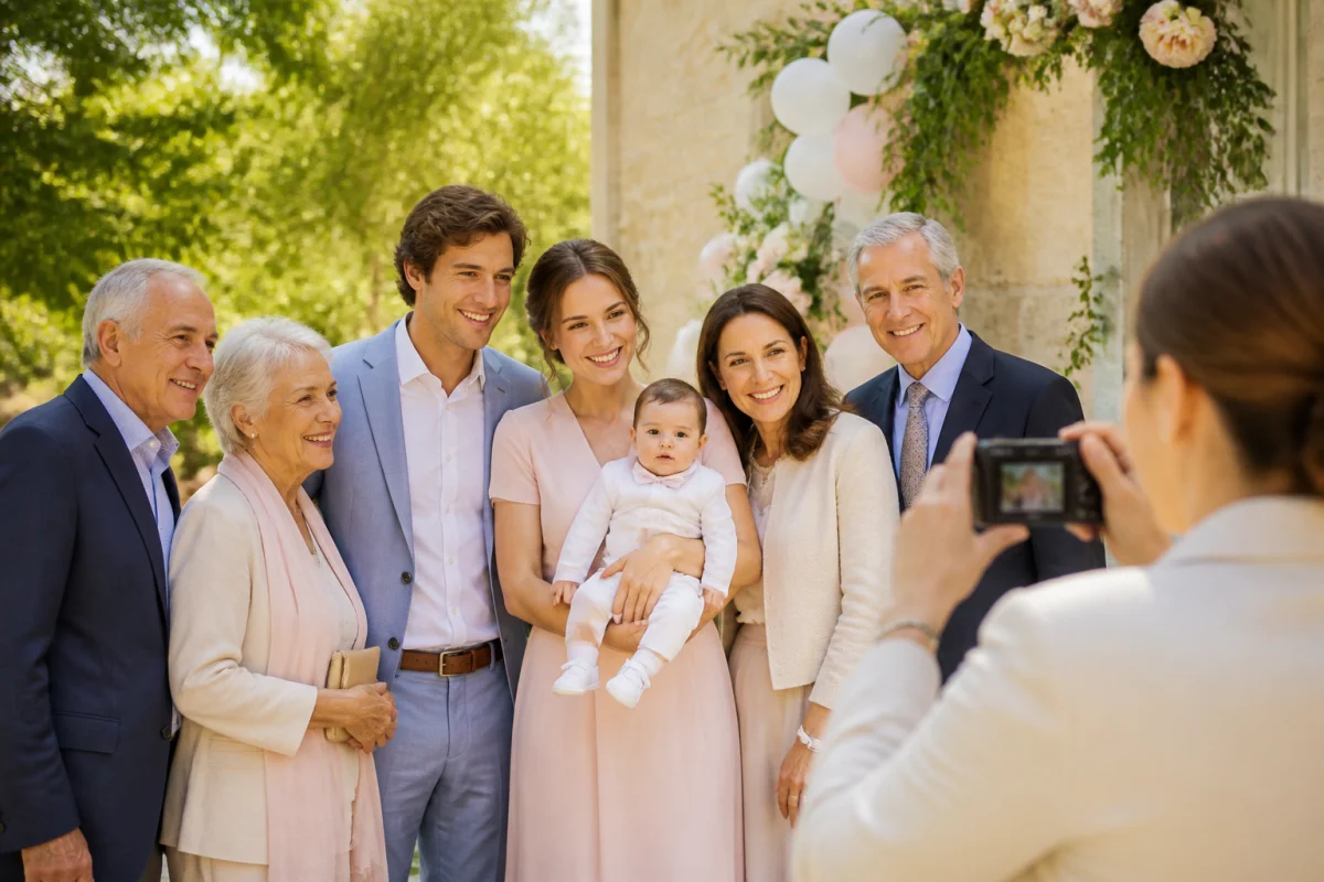 Famille réunie autour d’un bébé après le baptême, illustrant une organisation familiale sereine et chaleureuse.