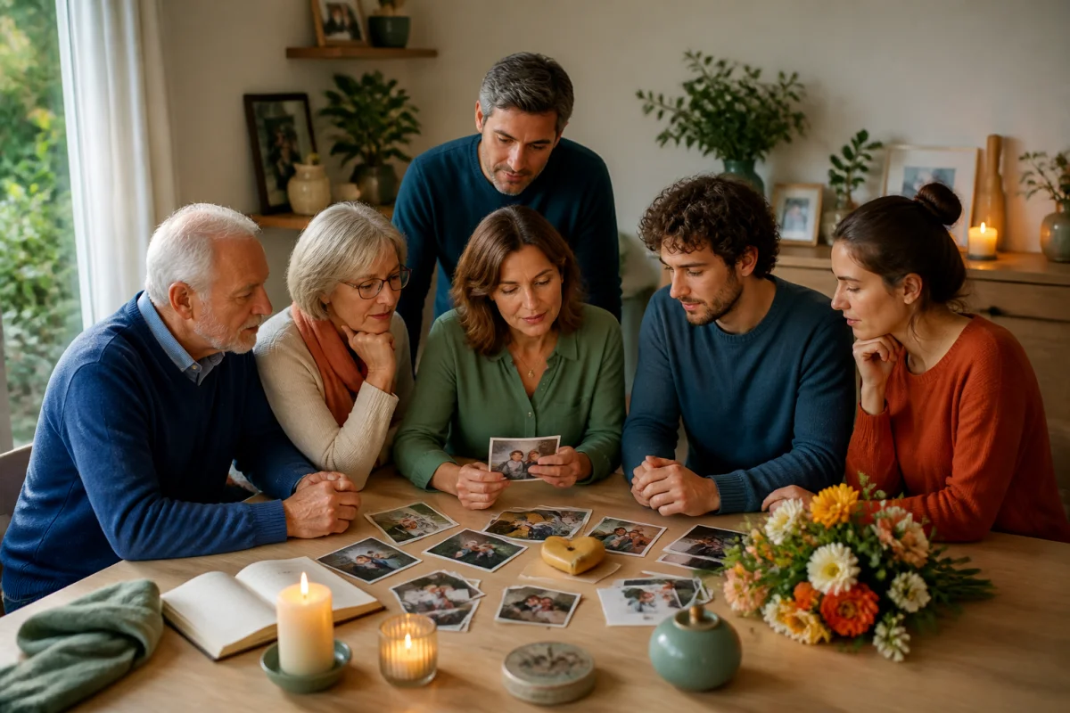 Famille réunie autour d’une table pour organiser des obsèques familiales, avec photos, fleurs et objets symboliques