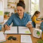 Parent organisant sereinement la semaine familiale avec deux enfants, un agenda ouvert et un téléphone chargé en cuisine