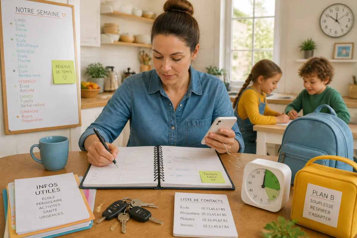 Parent organisant sereinement la semaine familiale avec deux enfants, un agenda ouvert et un téléphone chargé en cuisine