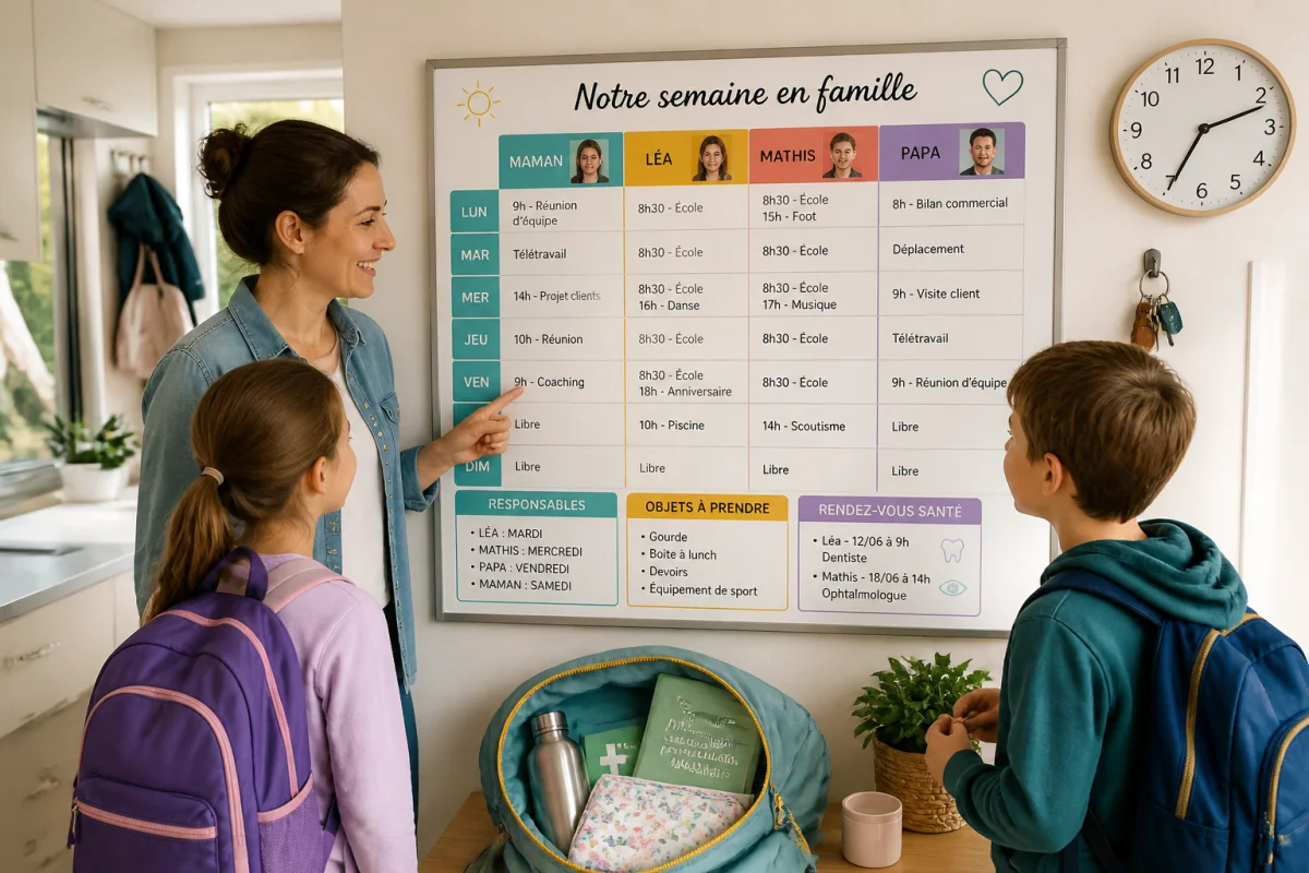 Un parent et deux enfants utilisent un calendrier familial coloré pour organiser le quotidien avec enfants sereinement.