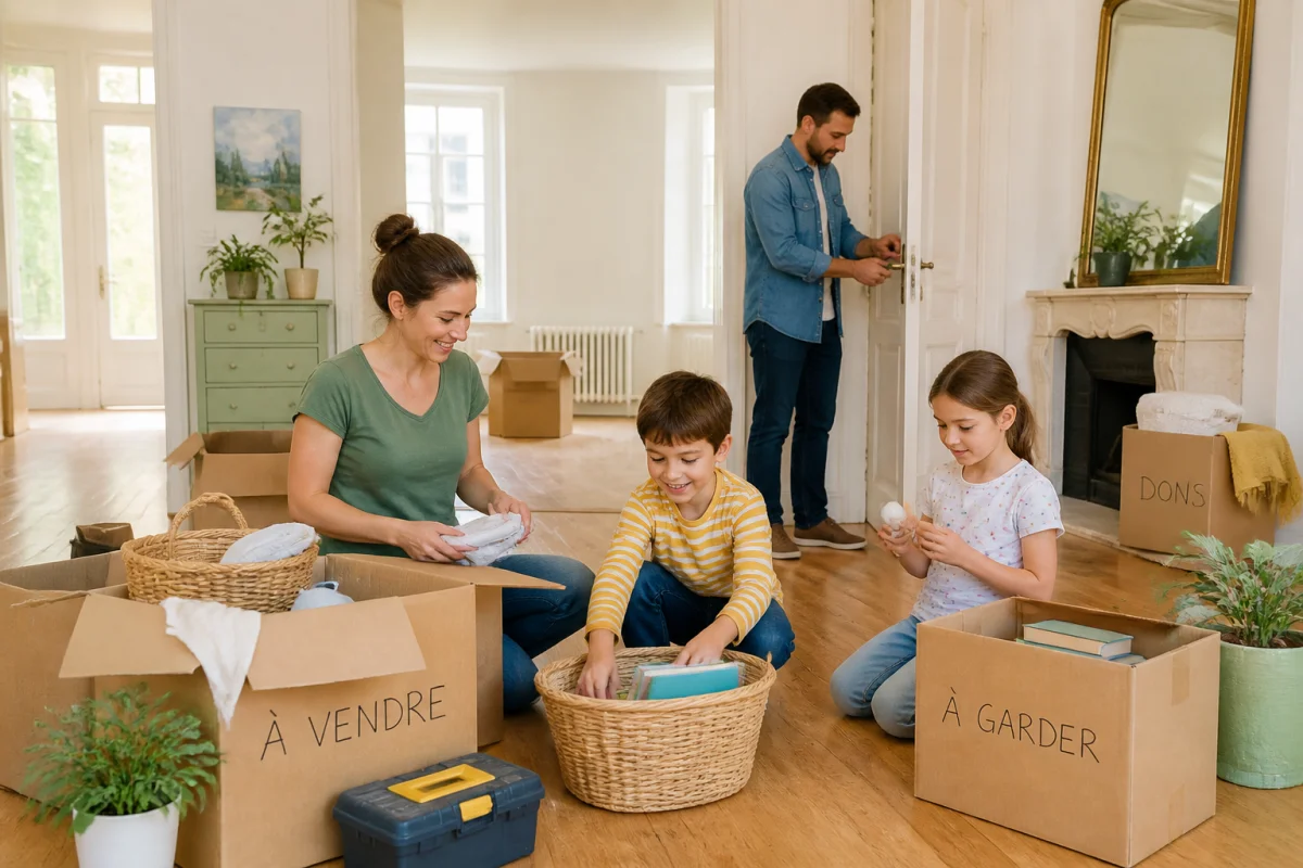Famille triant des objets et rangeant des cartons pour préparer un déménagement en famille dans une maison lumineuse