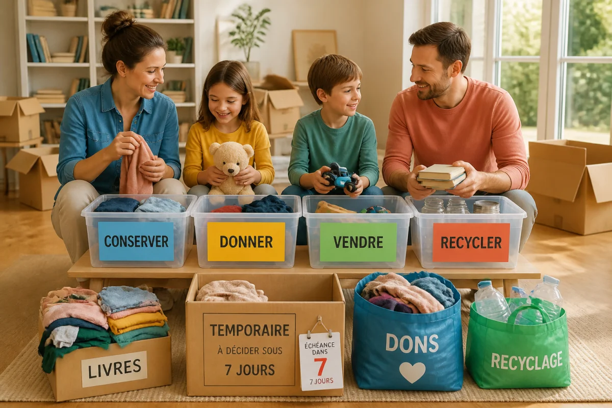 Famille préparant un déménagement autour de quatre zones de tri, avec cartons, dons, recyclage et boîte temporaire étiquetée