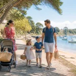 Famille se promenant au bord de la mer avec enfants, coquillages et bateaux pour préparer un week-end en famille