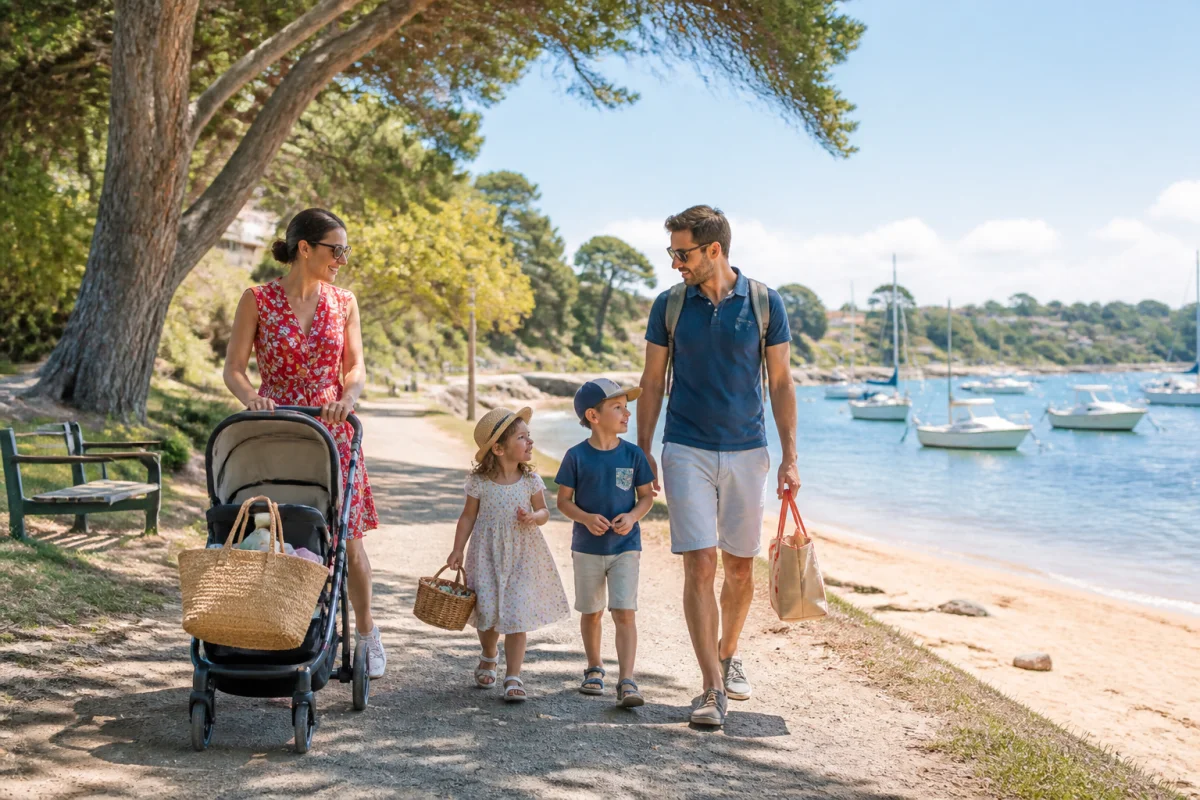 Famille se promenant au bord de la mer avec enfants, coquillages et bateaux pour préparer un week-end en famille