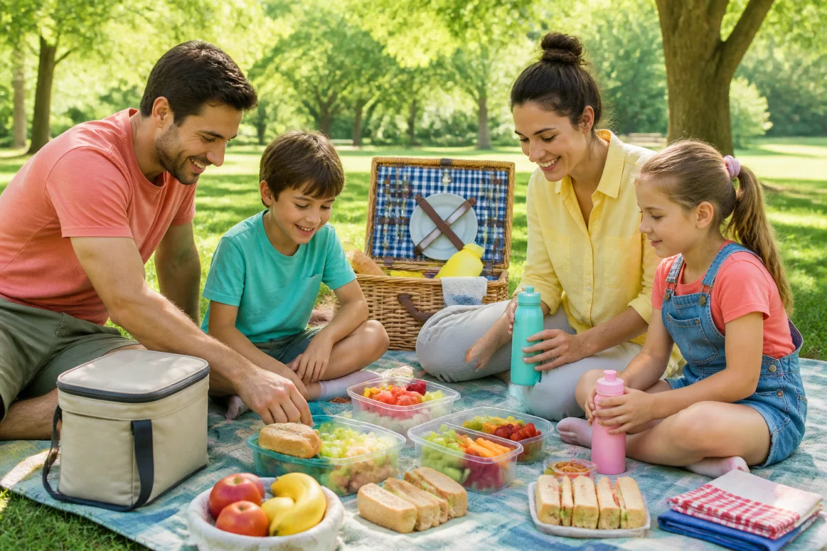 Famille préparant un pique-nique simple au parc pour un week-end en famille serein et organisé