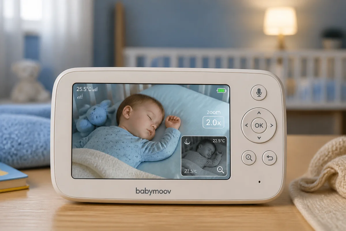 Babyphone vidéo affichant un bébé endormi, avec vision nocturne infrarouge et zoom visible dans une chambre chaleureuse