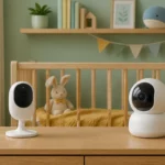 Comparaison de deux babyphones vidéo, caméra fixe et motorisée orientable, dans une chambre de bébé lumineuse