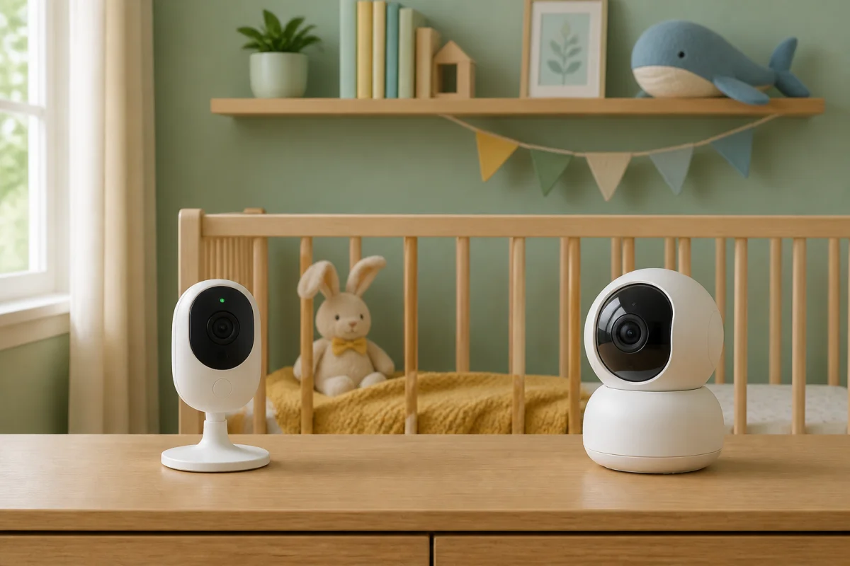 Comparaison de deux babyphones vidéo, caméra fixe et motorisée orientable, dans une chambre de bébé lumineuse