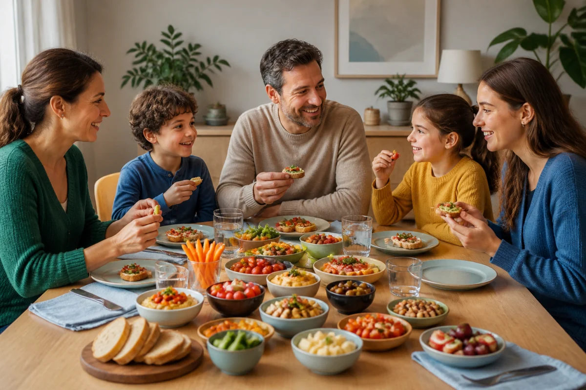 Famille réunie autour d’un repas du soir en famille composé de légumes, fromage, fruits et bouchées maison
