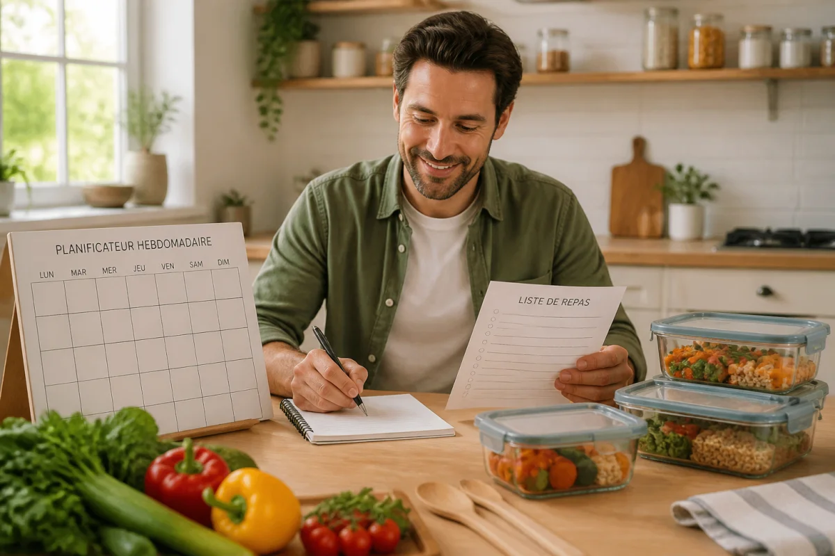 Parent organisant les repas du soir en famille avec calendrier, recettes, légumes frais et contenants réutilisables