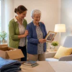 Préparer la transition d’un parent vers un EHPAD dans une chambre chaleureuse, accompagné d’un proche bienveillant et rassurant