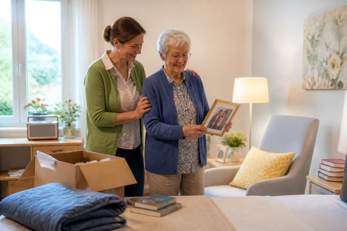 Préparer la transition d’un parent vers un EHPAD dans une chambre chaleureuse, accompagné d’un proche bienveillant et rassurant